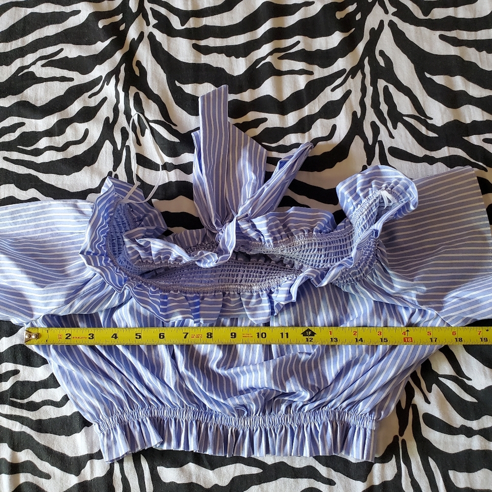 Zara striped off the shoulder Crop Top Bow Back Size S Preppy Feminine Coastal - Picture 12 of 13